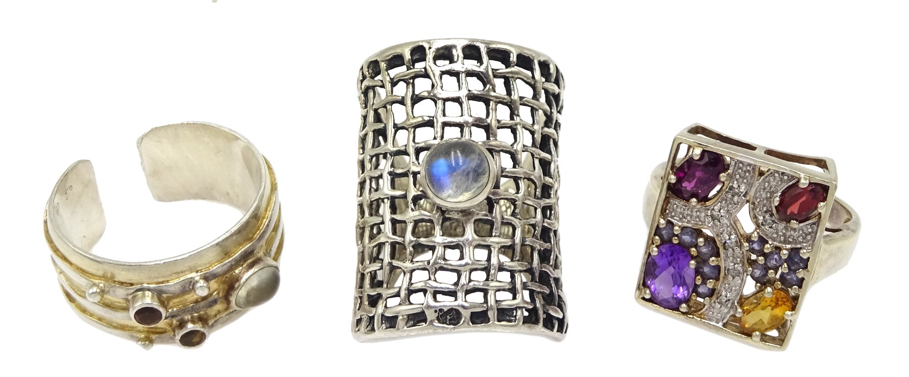 Paula Bolton silver Jupiter ring hallmarked, silver citrine, amethyst and garnet ring and a moonstone ring, both stamped 925