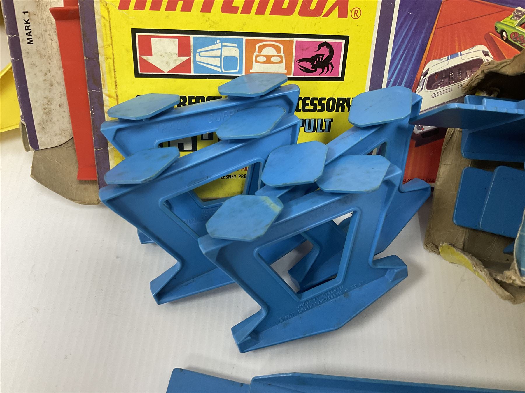 Matchbox Superfast track and accessories, both loose and boxed, to include SF-2 Loop Set, TA-4 Pacemaker Handbooster, TA-6 Catapult Pass, etc 