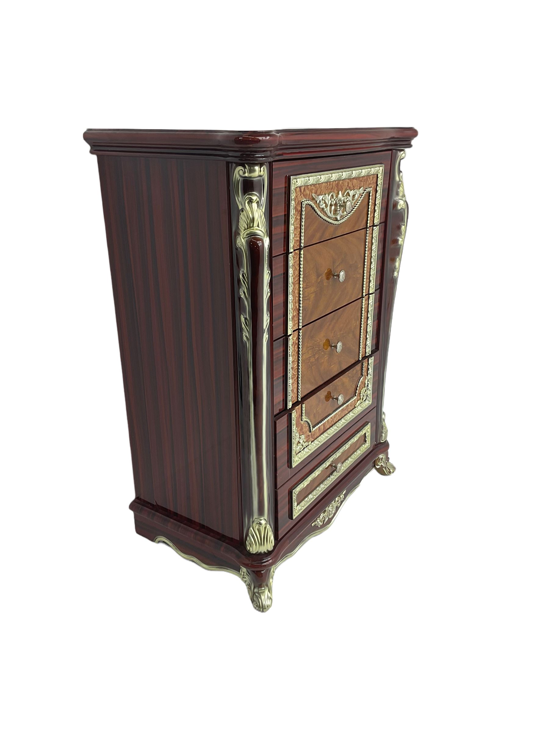 Rococo style wood finish chest, fitted with five drawers, decorated with scrolled foliate and flower heads 