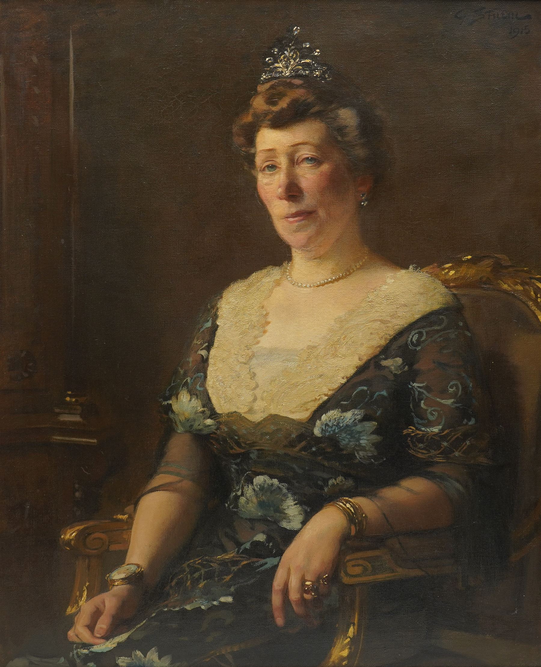 European School (Early 20th century): Half-Length Seated Portrait of Ellen Gustava Mathilda Weston (née af Klint) (Swedish 1860-?) wearing a Tiara and Gown, oil on canvas signed and dated 1915, labelled verso 90cm x 74cm
Notes: label verso reads: 'Ellen Gustava Mathilda Weston (born 1860 at Tunaberg) née af Klint, daughter of Eric Johan Gustaf af Klint and of Mary Stewart. She married Edward Weston, son of Arthur Henry Weston, born 1850 of Southampton.' The af Klint name is notably associated with the Swedish nobility and cultural legacy, including the abstract artist Hilma af Klint.