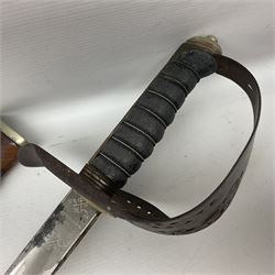 WW1 British 1897 Pattern Royal Engineers officers sword, 84cm blade by Armfields Ltd Birmingham, etched and mirror polished with the Royal Arms and Ubique within banner, all within scrolling foliage; regulation hilt with GVR cypher, backstrap and fish skin covered grip bound with twisted silver wire; in its leather field service scabbard L103.5cm overall