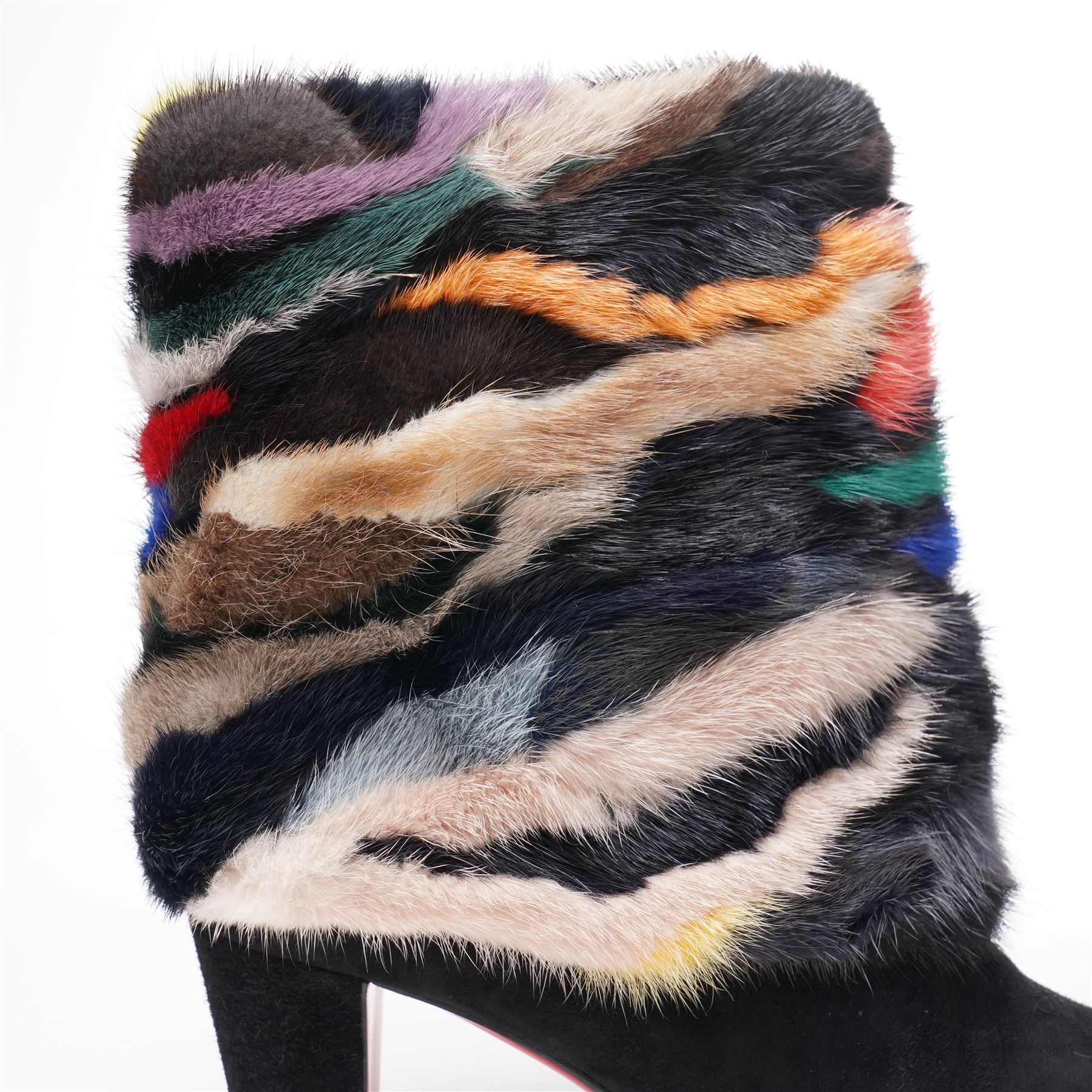 Christian Louboutin - pair of ‘Alexandra’ ankle boots, in black suede and multicoloured mink fur, with signature red lacquered soles, size 38, total boot height 23cm, unused with original box, dust bags and spare heel caps