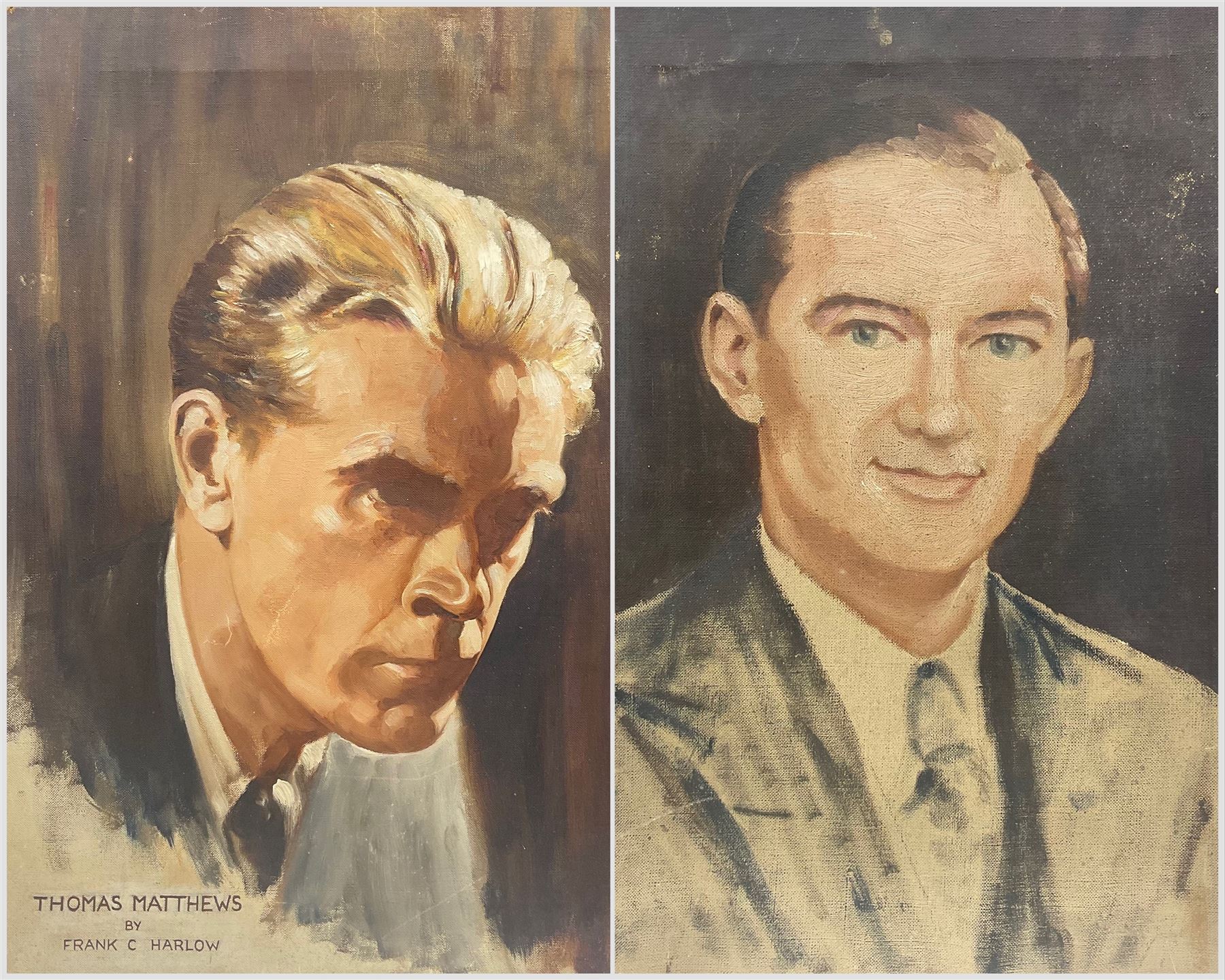 Frank C Harlow (British 20th century): Portrait of Thomas Matthews, oil on canvas signed together with another similar unsigned oil max 51cm x 41cm (2)
