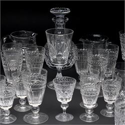 Quantity of Stuart crystal including six Cheltenham whisky tumblers, six claret glasses, six water tumblers and decanter with similar Stuart glass including sherry glasses, two brandy balloons, water jug etc
