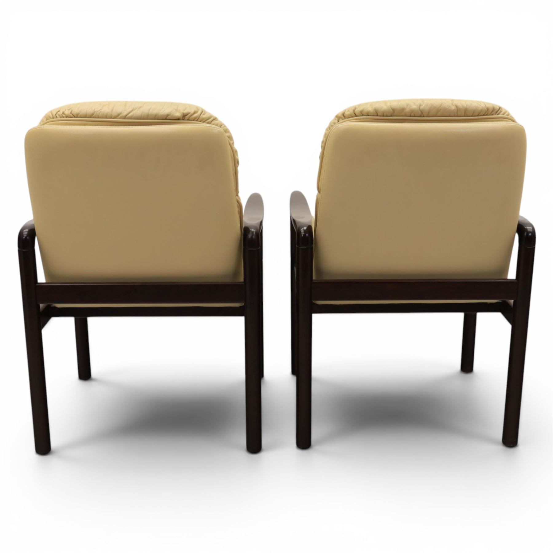 Dyrlund - pair of visitor chairs, solid Santos rosewood frame, rounded edges and broad armrests, seat and backrest with a removable cream leather over-stuffed cushions