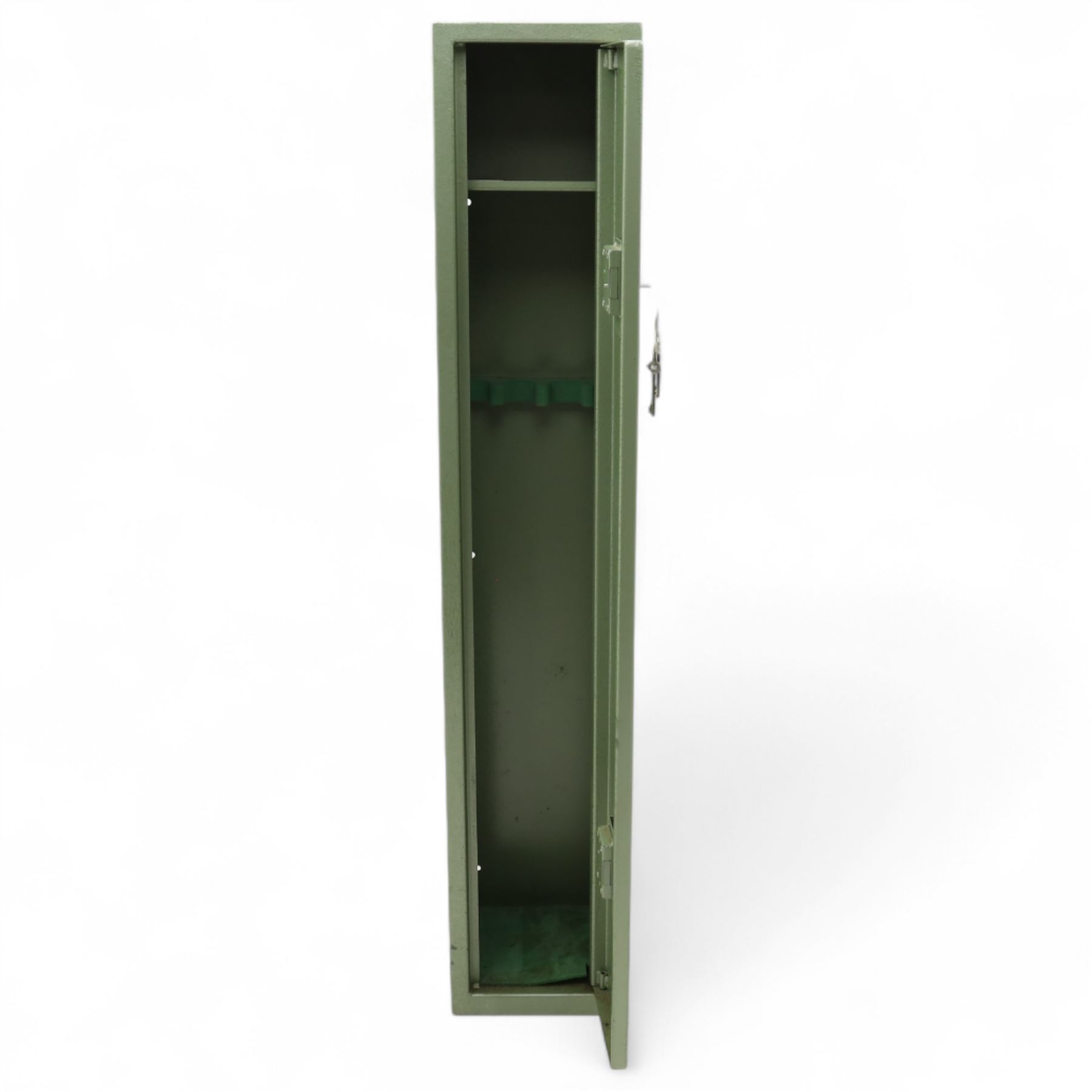 Bailey Structural Ltd green-painted steel gun cabinet, with lockable hinged door, internal shelf and foam rifle rack, complete with key