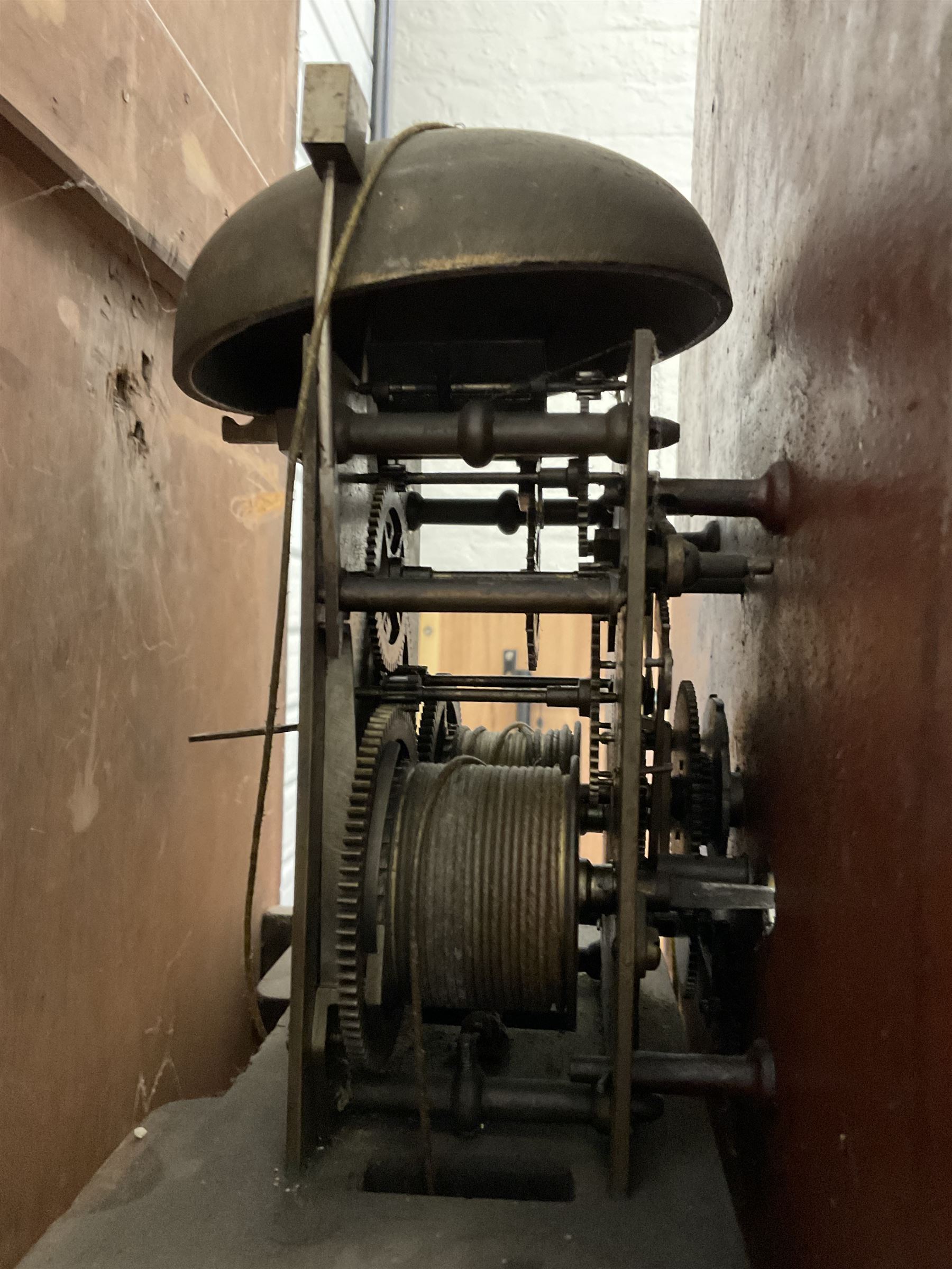 John Cameron & Son of Kilmarnock - late 19th century mahogany longcase clock c1870, with a flat topped pediment and blind frieze beneath, rectangular break arch hood door and sound frets to the hood sides, trunk with canted corners and a convex door with cushion mouldings, on a square plinth raised on turned bun feet, painted dial with a depiction of the abdication of Mary Queen of Scots to the arch and the four regions of the united Kingdom to the spandrels, with Roman numerals, minute track, date and seconds dials and stamped brass hands, dial pinned to a rack striking movement, striking the hours on a bell. With weights and pendulum. 