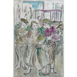 Dame Laura Knight (Staithes Group 1877-1970): Study of Young Figures, watercolour and pencil unsigned, cut signature verso 30.5cm x 20cm
