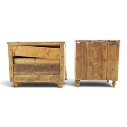 Two pine chests, comprising Victorian pine chest fitted with three  drawers with turned handles, shaped uprights extending to bracket feet, (H 83cm, W 77cm, D 41cm) and Continental pine chest fitted with three drawers with turned handles, on turned feet (H 81cm, W 100cm, D 51cm)