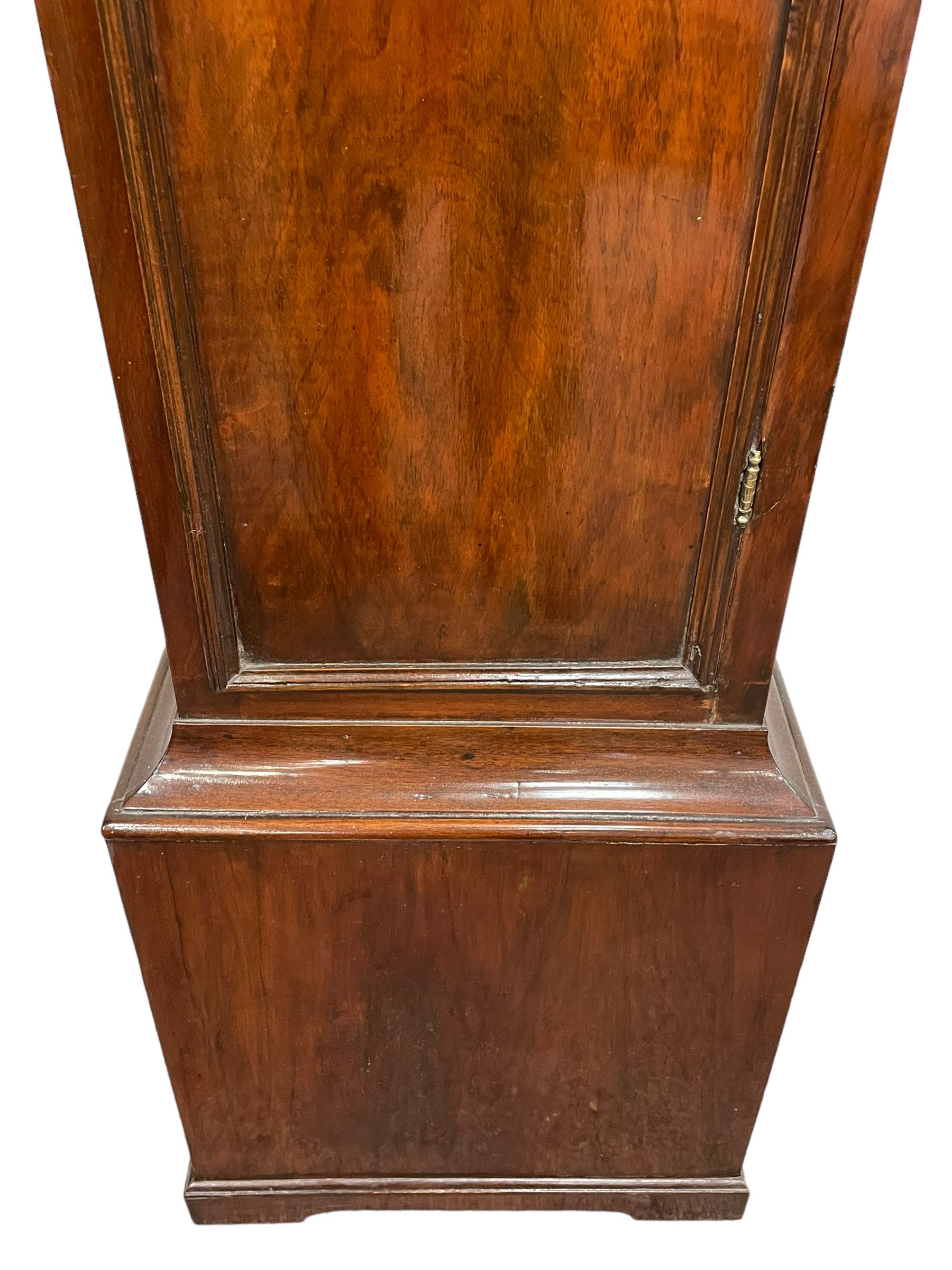 John Abbot of London – early 18th century walnut 8-day longcase clock c1740, hood with glazed side panels and tall swept pagoda pediment above a break arch hood door with attached pillars and gesso wooden capitals, long trunk door with a conforming break arch top on a rectangular plinth with applied shaped skirting, brass dial with a matted center and continuous herringbone engraving to the surround, cast spandrels, silvered chapter with Roman numerals, five minute Arabic’s, minute track and inner quarter hour track, subsidiary seconds dial and square date aperture, silvered tempus fugit boss to the break arch, dial pinned directly to a rack striking movement, striking the hours on a bell. With weights and pendulum.