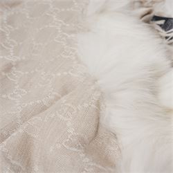 Gucci - GG pattern silk and wool blend shawl with fox fur trim and with fringe detail, 180cm x 180cm, unused with original box