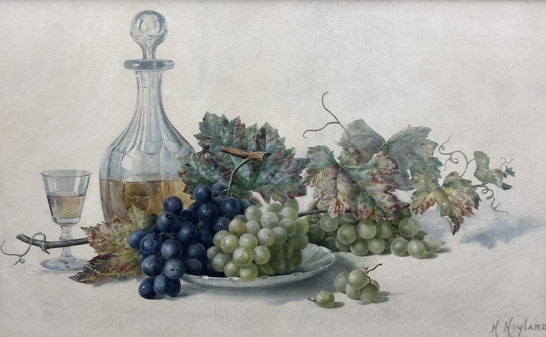 Hannah (Hoyland) Mayor (Staithes Group 1871-1947): Still Life of a Decanter and Grapes, watercolour signed, with E.S.K. (examined by South Kensington Art School) blind stamp 40cm x 65cm 
Provenance: gifted to the vendor's mother by her friend Edith Chudley, the artist's daughter - never been on the market.