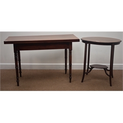  19th century mahogany card table, rectangular fold over swivel top, turned supports (115cm x 50cm, H76cm), and an Edwardian oval occasional table  