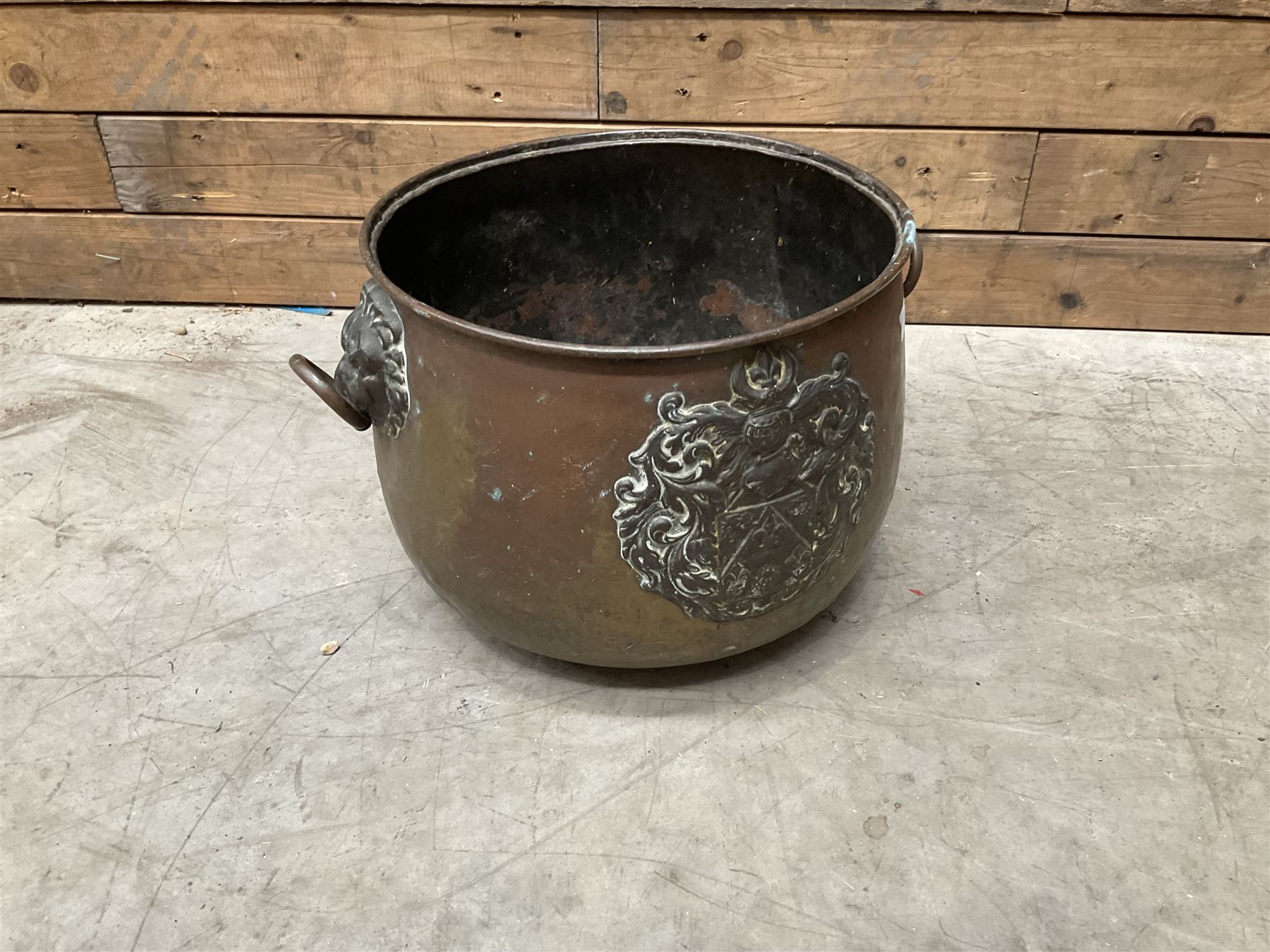 3 cauldron set pots with 2 terracotta chimney pots, 1 terracotta crock, metal bucket and small cast iron shelf 