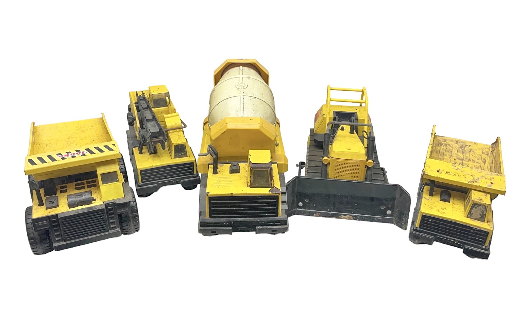 Tonka - five large scale pressed steel vehicles comprising Cement Mixer, Mobile Crane, Bulldozer and two Dumper Trucks (5)