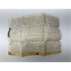 Three 17th/18th century manuscript deeds on vellum relating to properties in Bowling Alley Lane, Hull - one dated 16/12/1689 with seal 44 x 65cm; mortgage dated 20/2/1711 56 x 74cm; and assignment of mortgage dated 5/5/1727 with seal; all folded (3)
