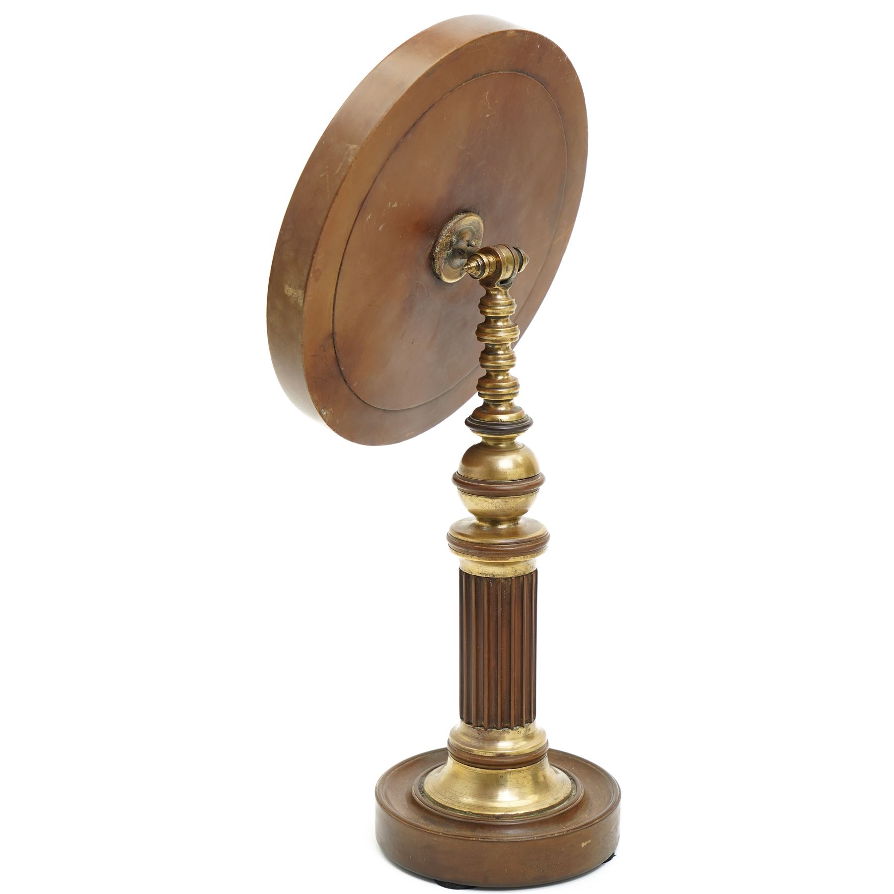 Late Victorian circular shaving mirror, with brass accents and fluted column, H40cm