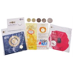 The Royal Mint United Kingdom 2015 fine silver twenty pound coin, 2016 brilliant uncirculated one pound coin and 2017 Remembrance Day brilliant uncirculated five pound coin, all on cards, Queen Elizabeth II 1986 and 1995 two pound coins, King George V 1931 half crown coin, Irish 1940 half crown coin etc.