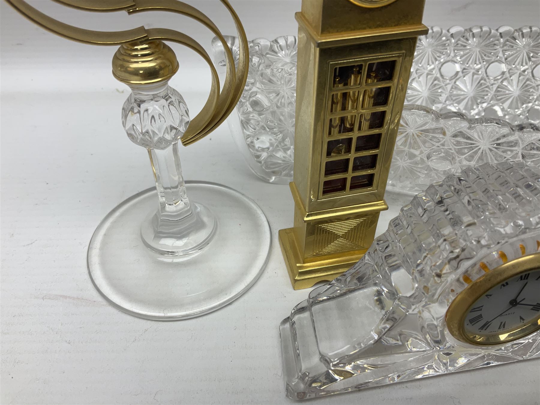 Six small mantel clocks; Grace Darling moulded glass dish; and boxed Beswick figure