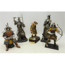  Five figures of warriors Holland Studio Craft 'Highlander', with certificate, two Regency Fine Arts figures of Samurai Warriors and two other figures of Samurai, one seated and the other standing with bow (5)  