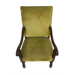 Early 20th century Carolean design mahogany framed throne chair, back and sprung seat upholstered in sage green fabric, scrolled amd reeded arms with carved oak leaf design, shaped supports with scroll feet united by waived stretchers