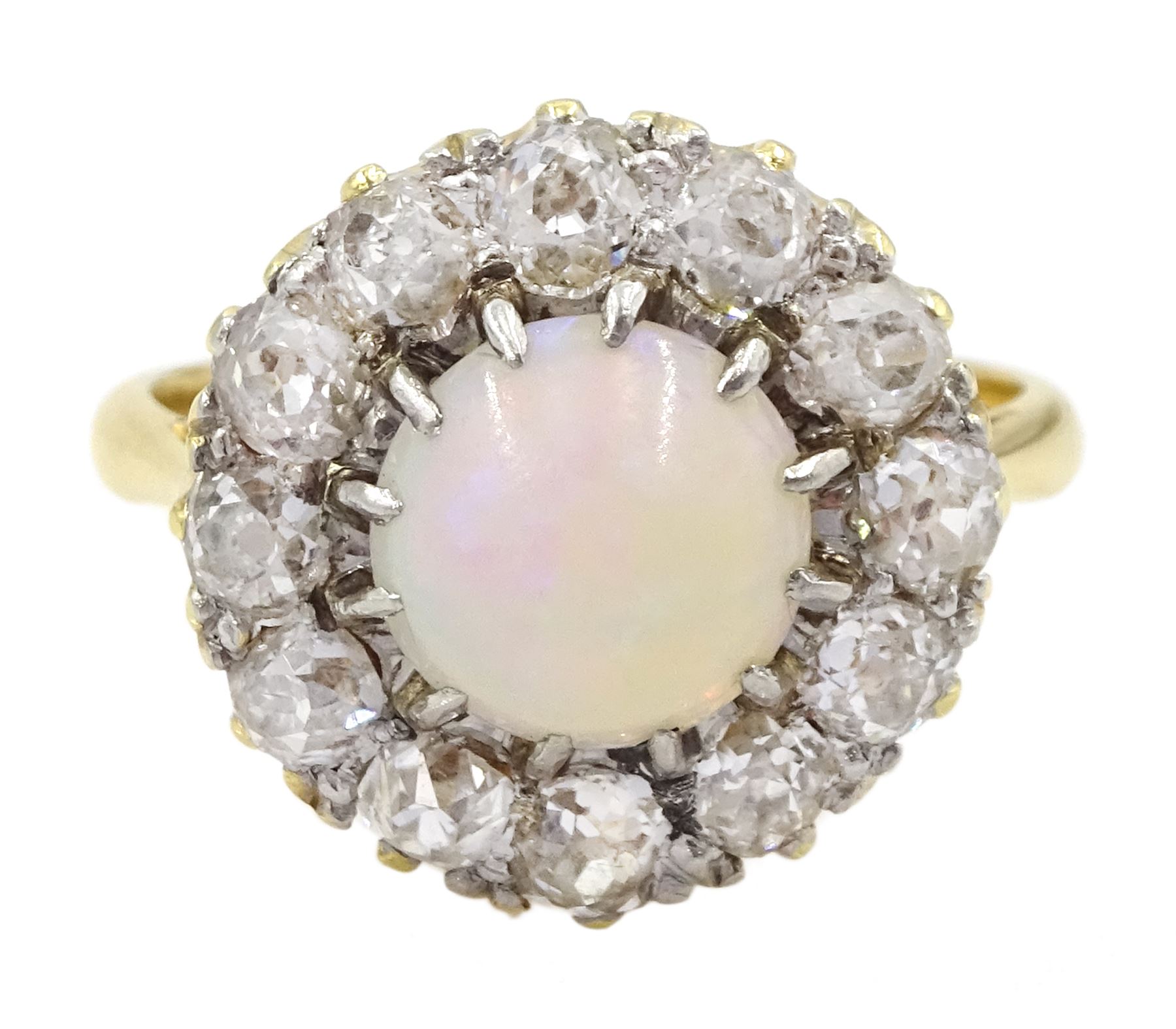 Early 20th century opal and old cut diamond cluster ring, stamped 18ct Plat, total diamond weight approx 1.00 carat