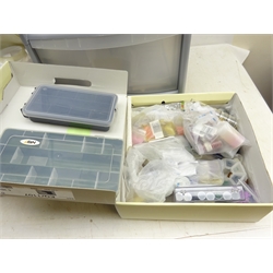  Quantity of craft making items including card, lace, printing blocks, greeting cards, paper etc in three boxes and set of plastic drawers   