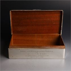 Mid 20th century silver mounted cigarette box, of rectangular form, with personal engraving to body reading 'Baron and Baroness Di San Marciano to Alan VG Bibby in grateful appreciation Malta April 1948, engraved with San Marciano family coat of arms to hinged cover, opening to reveal a softwood lined interior, hallmarked Adie Brothers Ltd, Birmingham 1946, H5cm, W16.5cm