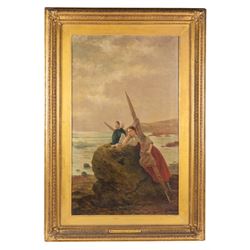 Robert Jobling (Staithes Group 1841-1923): 'Waiting for the Boats', oil on canvas signed 74cm x 44cm