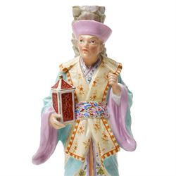 Pair of Ernst Bohne & Sohne Chinoiserie candlestick figures, impressed and faint blue anchor marks to bases, H27cm (2)