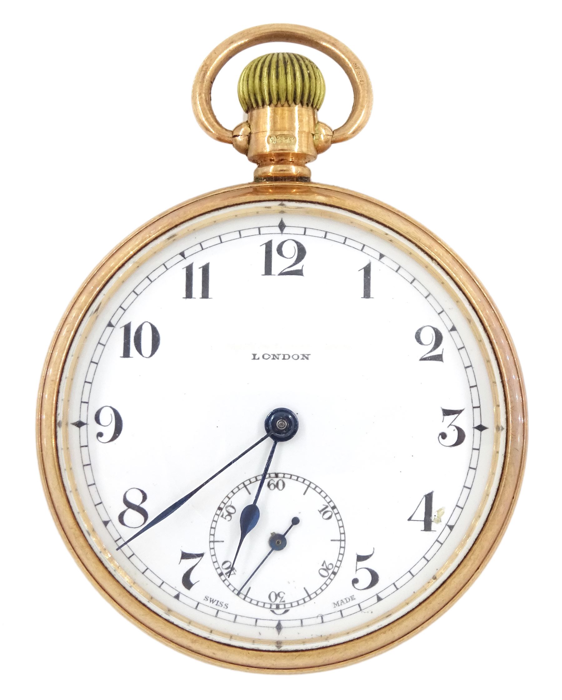 Early 20th century 9ct gold open face, keyless lever presentation pocket watch by Globe Watch Company, white enamel dial with Arabic numerals and subsidiary seconds dial, hallmarked