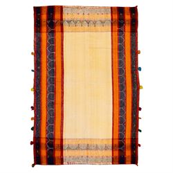 South West Persian Jajim kilim, central ivory field flanked by vertical bands of terracott...
