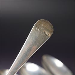 George III silver bright cut table spoon London 1781 Maker Hester Bateman, another London 1782 Maker Thomas Wallis I and three others (5)