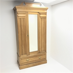  Edwardian ash single wardrobe, shaped cresting rail, projecting cornice, bevel edged mirrored door above single drawer, plinth base, W111cm, H217cm, D48cm  