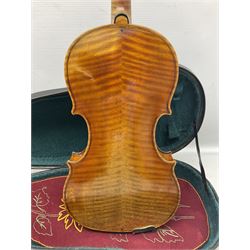 French violin c1900 labelled Guadagnini with 35.5cm two-piece maple back and ribs and spruce top, labelled 'Joannes Baptista Guadagnini Pla Centinus Fecit Mediolani 17**' L59cm overall; in hard carrying case