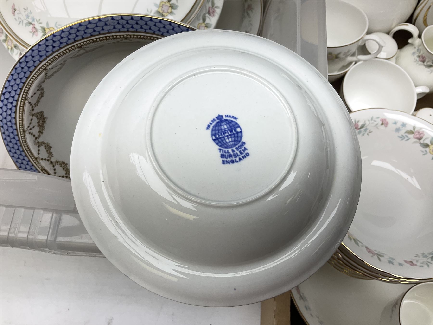 Mayfair tea and dinner wares decorated with floral design and gilding, to include lidded tureen, tea and coffee pots and cups, dinner plates etc, together wtih a quantity of Burslem Till & Sons Empire bowls etc
