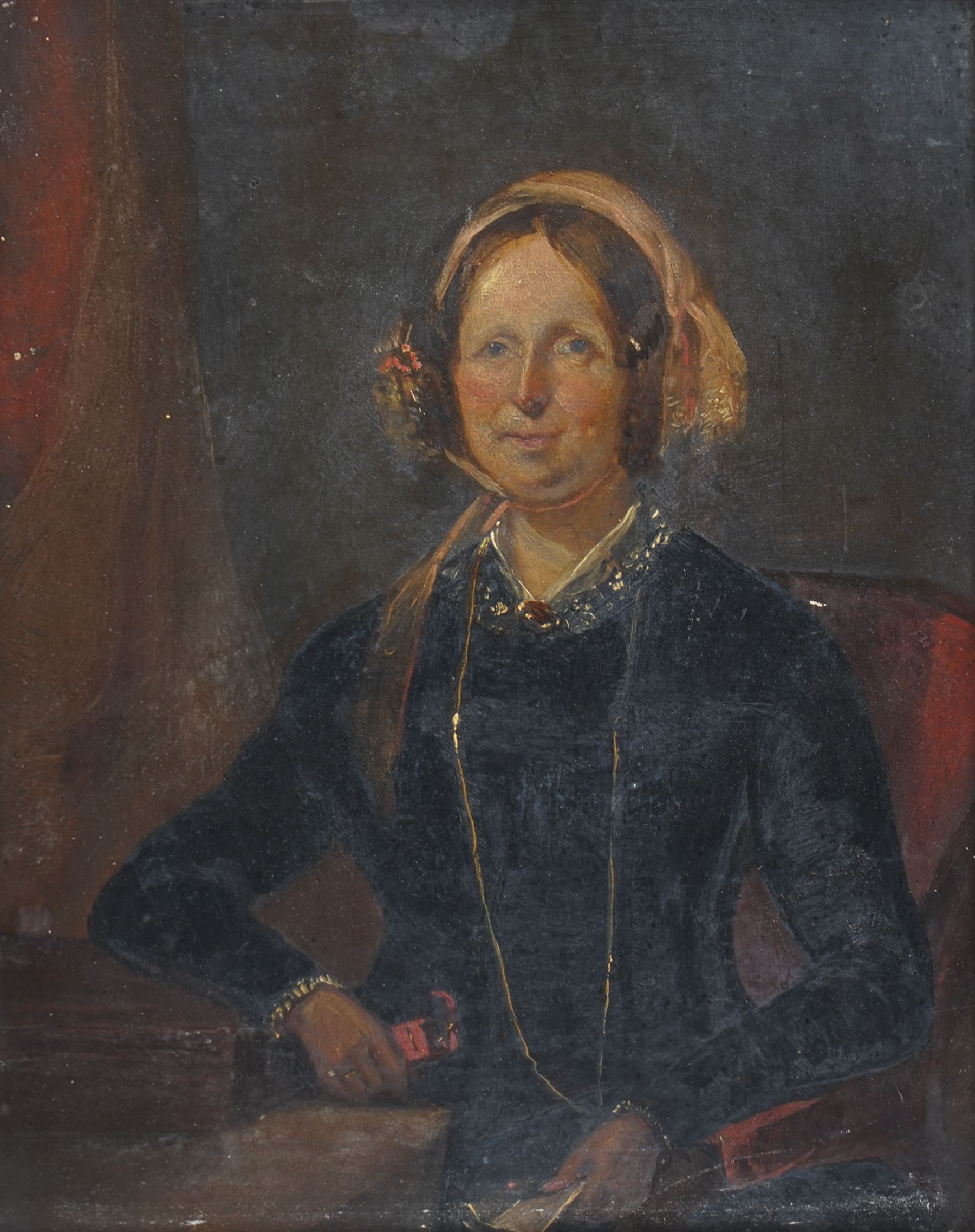English School (19th century): Portrait of a Victorian Lady Wearing a Bonnet, oil on millboard unsigned 24.5cm x 19.5cm