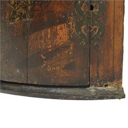 George III period lacquered chinoiserie cylindrical corner cabinet, decorated with traditional pagoda and exotic bird scenes, enclosing two shelves