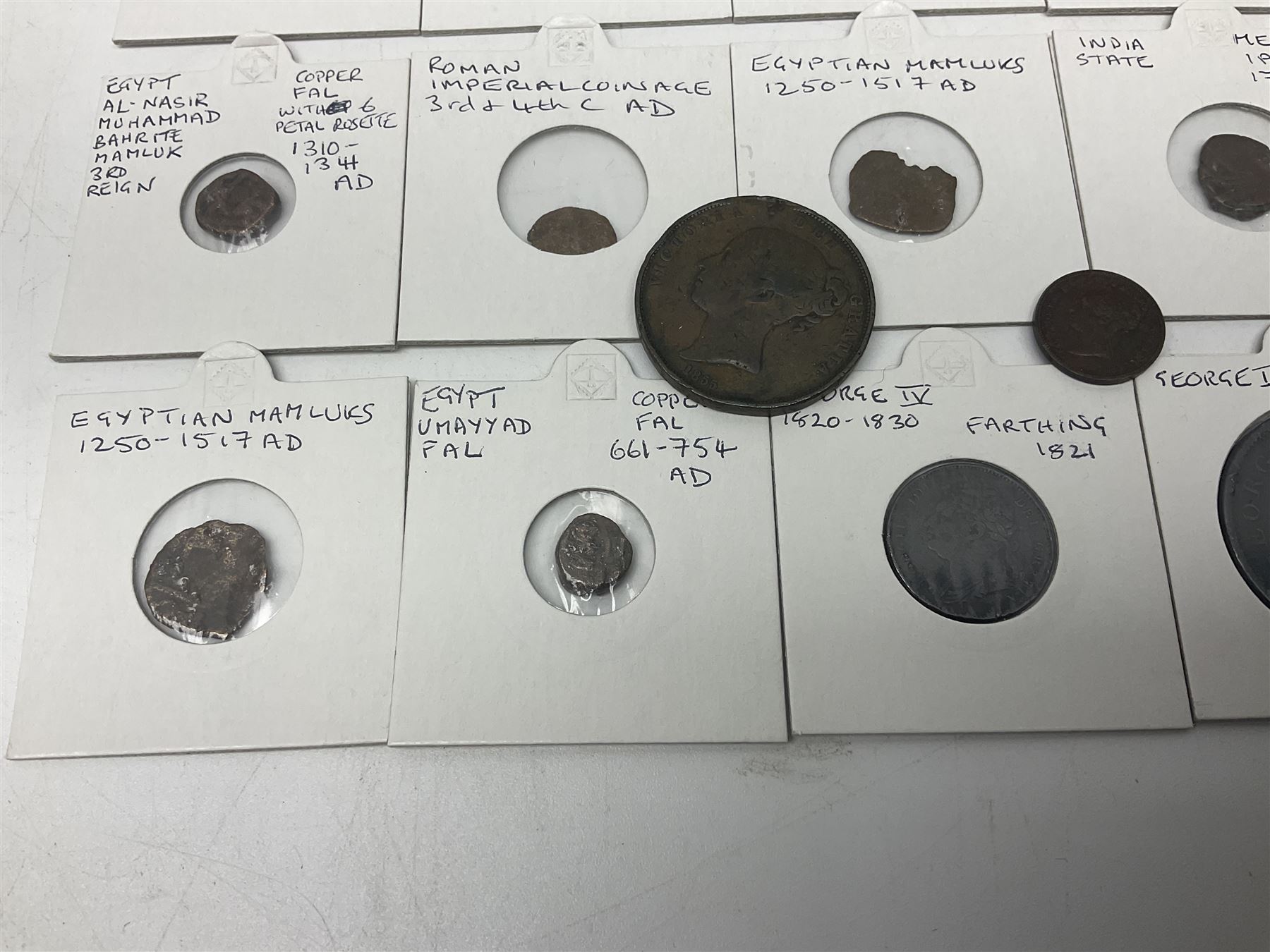 Coins including George III 1807 penny, George IV 1821 farthing, France Napoleon III 1867 one franc etc
