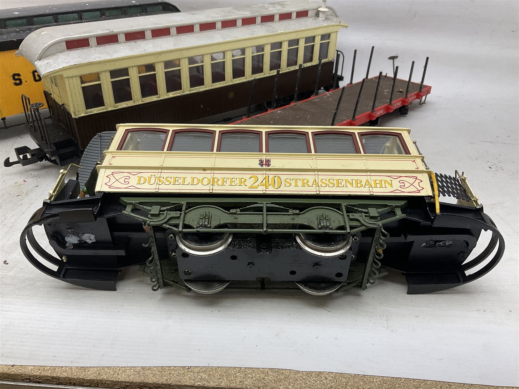 Six Bachmann G scale, gauge 1 rolling stock wagons and carriages, including tram coach, log carrier and tanker, etc, all unboxed 