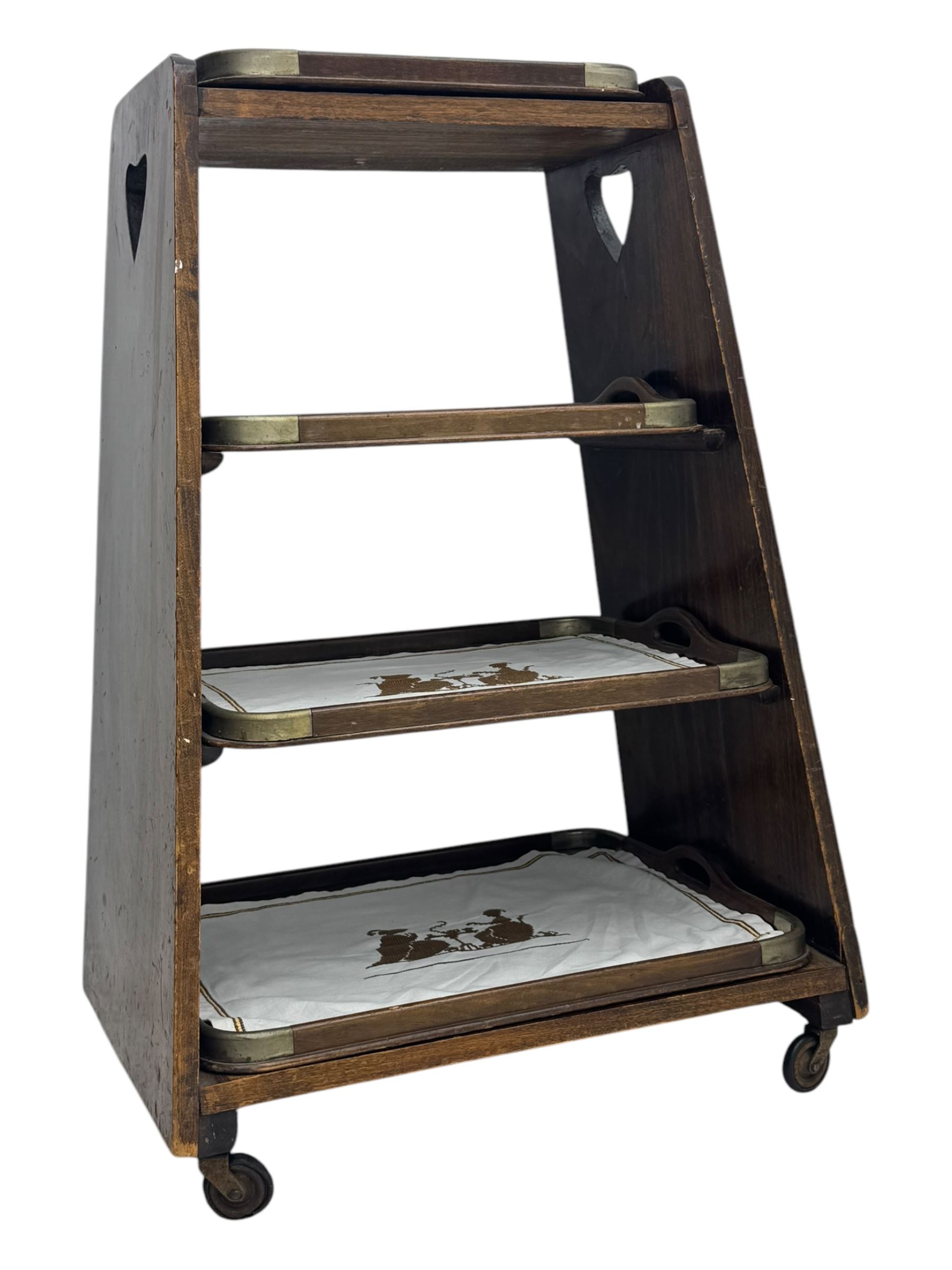 Mid-20th century mahogany four-tier serving tea trolley, heart-shaped cutout handles, on castors (H79cm, W55cm); Georgian mahogany corner washstand with single cupboard, raised on turned supports (H70cm, W54cm)