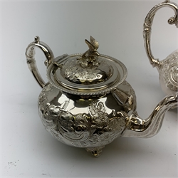 A John Turton silver plated tea set, comprising tea pot, hot water pot, milk jug, and twin handled sucrier and cover, with foliate chased decorated and bird finials, each with marks beneath, teapot H16.5cm. 