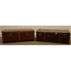  Two vintage travel trunks, hinged lid with clasp, W87cm, H34cm, D52cm  