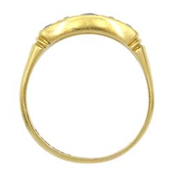 Victorian 18ct gold three stone oval sapphire ring, the central sapphire with two old cut diamonds set either side, Birmingham 1898, total sapphire weight approx 1.00 carat