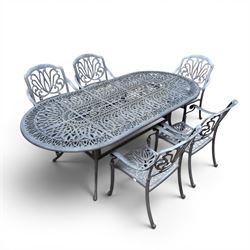 Painted aluminium rectangular garden table and five chairs, with loose seat cushions