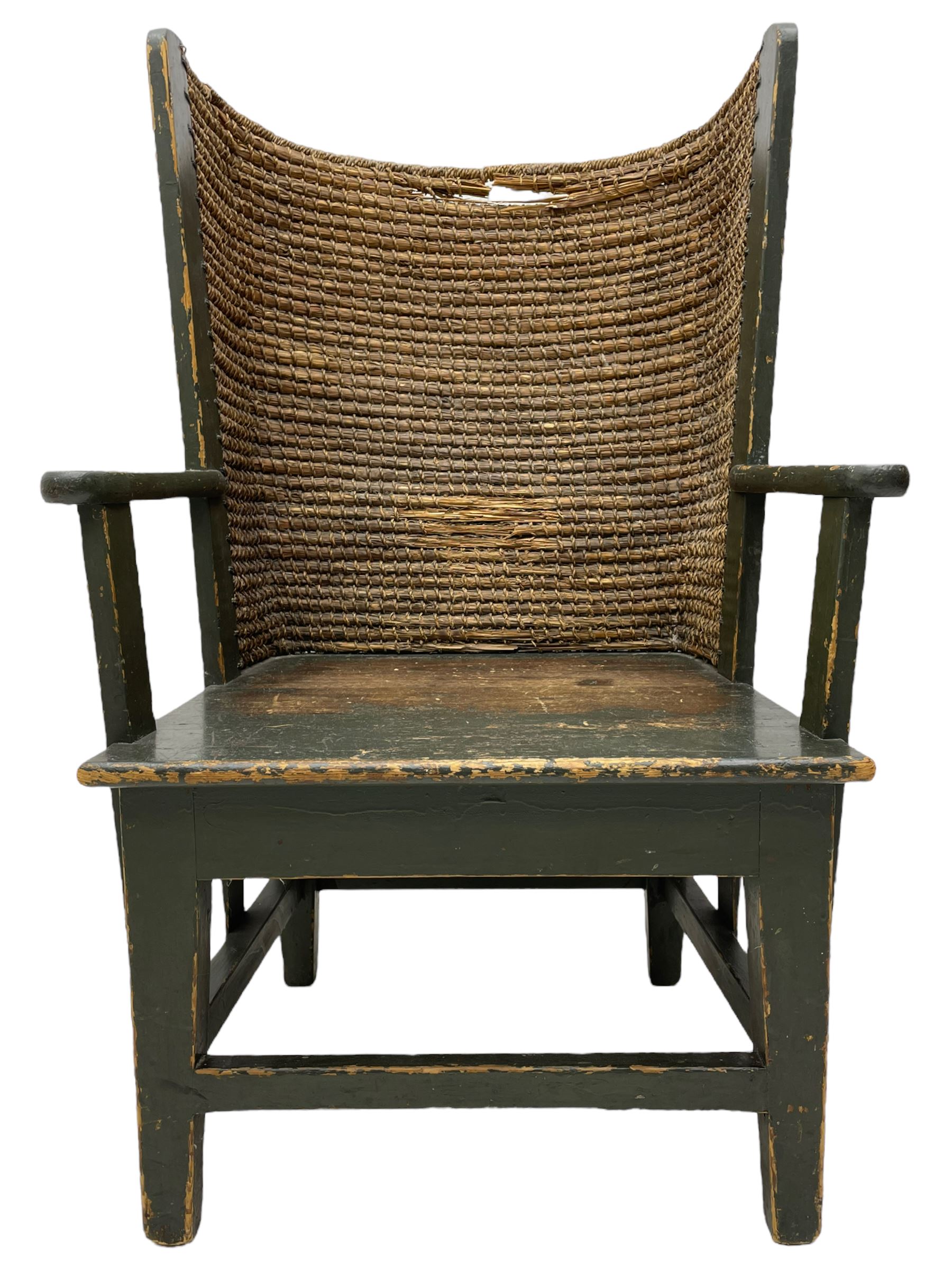 Late 19th to early 20th century Orkney chair, green painted pine frame and seat with curved rush back, square tapering supports joined by plain stretchers