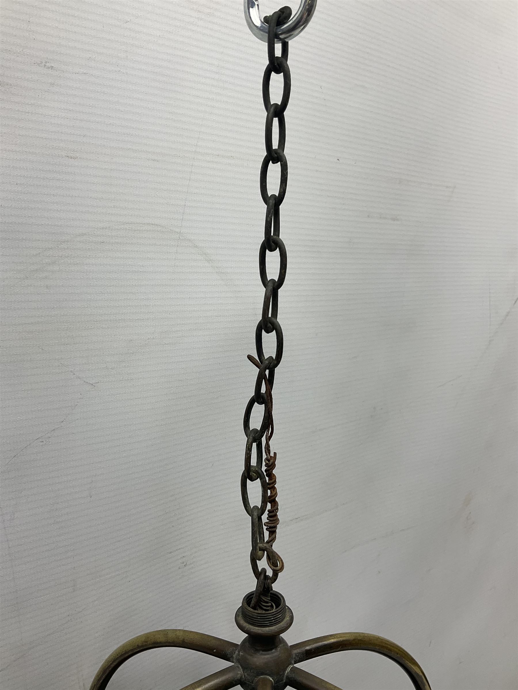 Victorian brass and stained leaded glass hall lantern, of hexagonal form, supported by four domed arms and pierced fret, H46cm W20cm