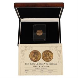 King George V 1918 gold full sovereign coin, Bombay mint, in London Mint Office case