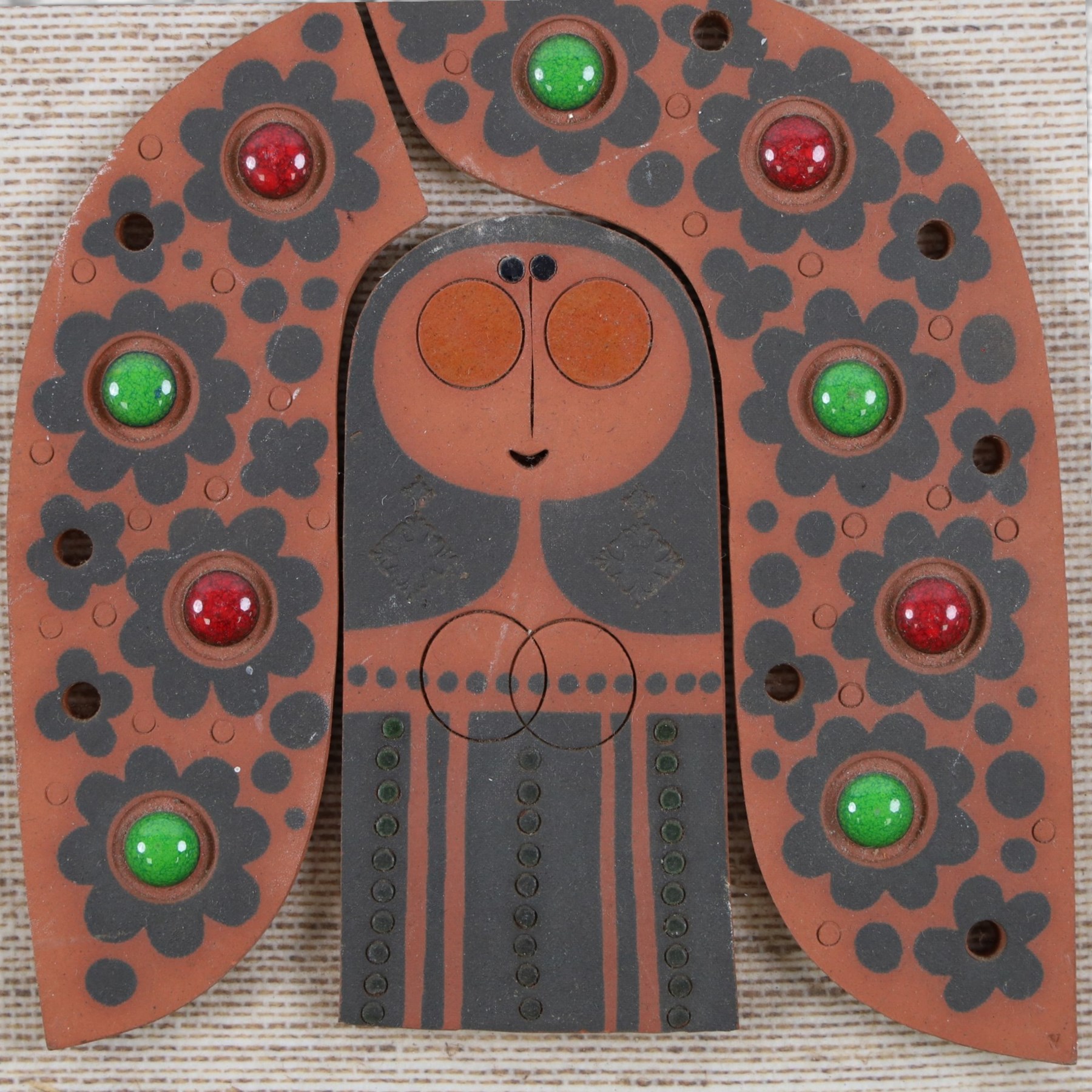 Two 1960's Hornsea pottery Muramic plaques designed by John Clappison, comprising framed example in the form a stylised figure of a lady and an unframed example in the form of a bird, H45cm