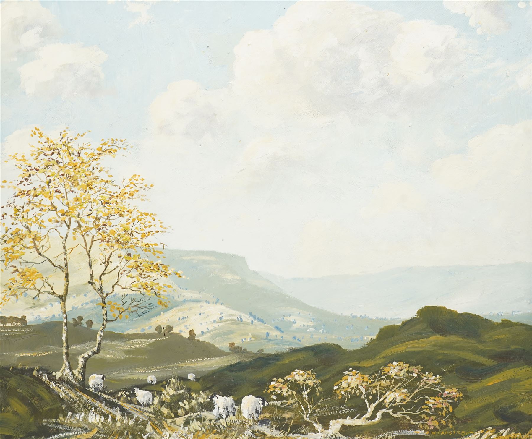 John H Capstick (British 20th century): 'A Dales Landscape' 'Summer Wolds' and 'Autumnal Wolds', set of three oils on board signed, artists label verso max 50cm x 75cm (3)